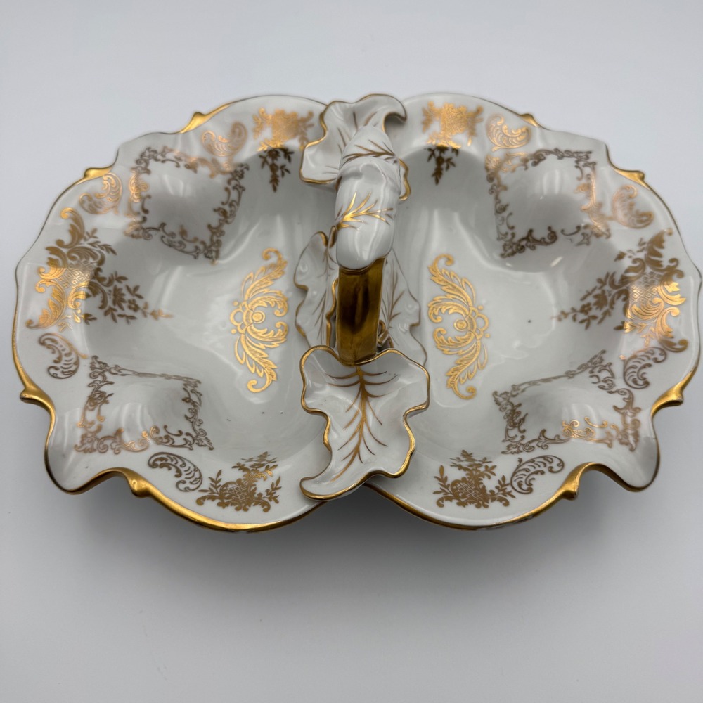 Antique Porcelain Serving Dish Gold Gilt Two Compartments‎ Handle RPM Germany